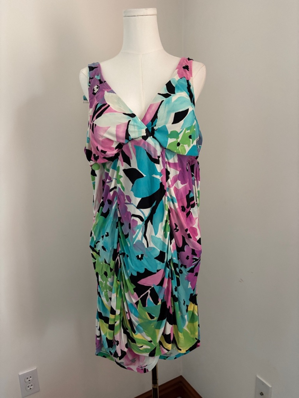 Floral V-Neck One-Piece Swimdress in Purple, Teal & Lime